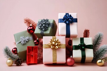 Festive christmas new year background colorful gift boxes and holiday decorations on pink background. New Year's present and Christmas present top view
