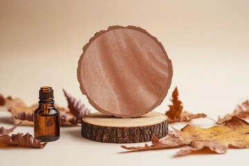 Autumn showcase made of natural wood, autumn foliage, glass brown bottle essential oil. Podium presentation cosmetics is made of wood on beige background. Minimalistic branding scene.