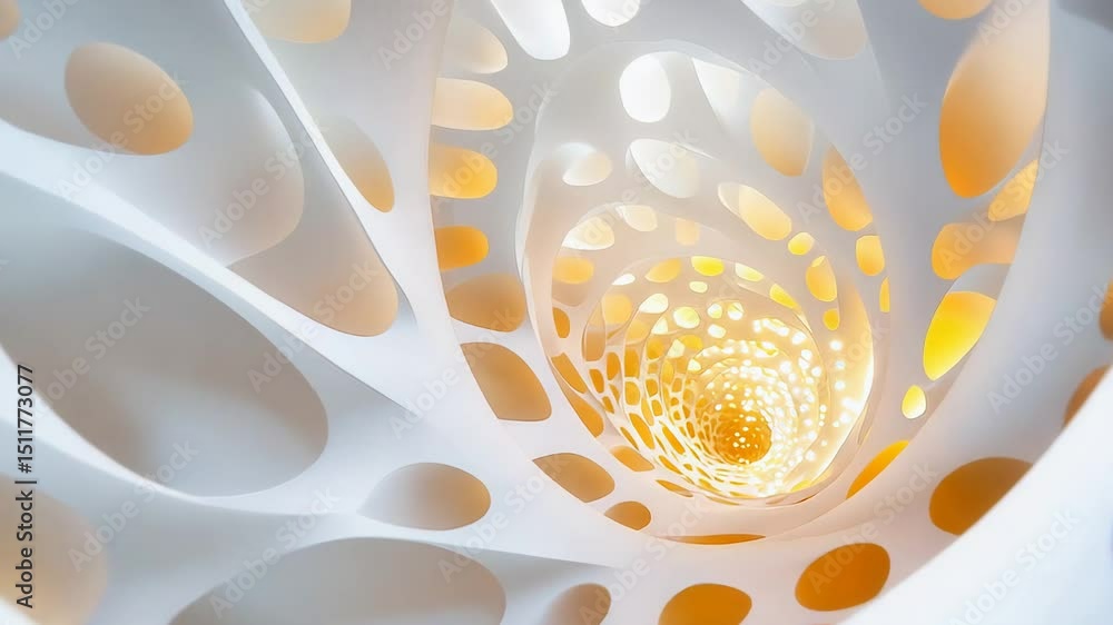 Poster futuristic abstract tunnel with white and orange circular patterns creating infinite depth.