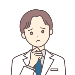 悩む白衣の男性のイラスト（肌の色あり）