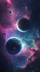 A vivid fantasy space illustration featuring a beautiful galaxy with planets, asteroids, and stars against a colorful nebula background, showcasing celestial scenes in deep space with vibrant purple, 