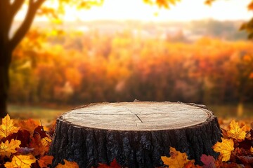 Beautiful autumn landscape with stump in the forest. Colorful foliage in the park. Falling leaves natural background. Mockup podium for product presentation.