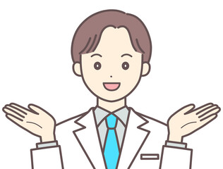 提案する白衣の男性のイラスト（肌の色あり）