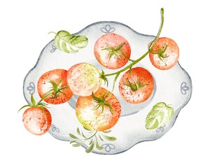 Hand drawn watercolor illustration of ripe branch cherry tomato a on a plate. Includes herbs like parsley and basil, suitable for cooking and healthy diet concepts. Isolated on a white background.