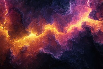 Fototapeta premium Abstract fiery cosmic landscape with glowing orange and purple nebula, resembling a celestial river of energy.