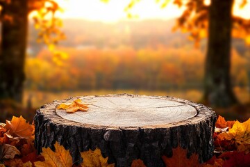 Beautiful autumn landscape with stump in the forest. Colorful foliage in the park. Falling leaves natural background. Mockup podium for product presentation.