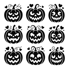 This vector illustration showcases a spooky set of orange Halloween pumpkins with scary carved faces in a seamless pattern, perfect for autumn holiday decoration