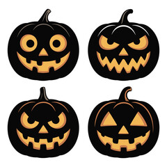 This autumn holiday set features carved orange Halloween pumpkins with scary jack-o'-lantern faces, perfect spooky vector decorations for a fall celebration
