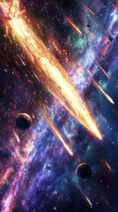 A vivid fantasy space illustration featuring a beautiful galaxy with planets, asteroids, and stars against a colorful nebula background, showcasing celestial scenes in deep space with vibrant purple, 