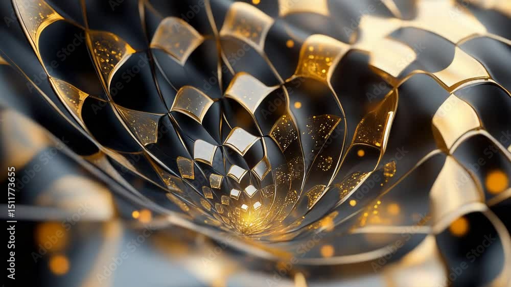 Poster abstract geometric spiral with golden particles and ethereal light patterns.