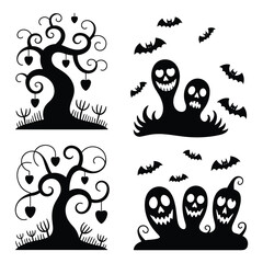 Black vector silhouettes set design with halloween icons and nature trees elements