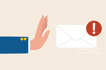Scammer or cyber security concept. Human hand reject spam e-mail. Envelop with warning for protect hacker deception from online communication technology vector flat illustration.
