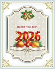 Happy New Year 2026. Greeting card with Christmas tree balls in figured frame with bells. Holiday background is decorated with fir branches, snowflakes, ribbon and bow. Vector illustration