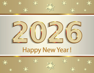 Happy New Year 2026. Greeting card with numbers 2026 on snowflakes background. Festive vector design for banners, posters, newsletters, covers, calendar, typography, and social media