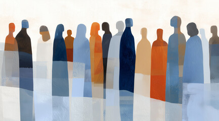 Minimalist Formation of Diverse Figures in Earthy Tones Against Soft-Hued Backdrop