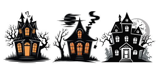 A spooky Halloween night illustration features a haunted castle silhouette under a dark moon with flying bats near a scary house