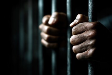 Hands tightly grip prison bars in a dark, somber setting, symbolizing confinement and loss of freedom.