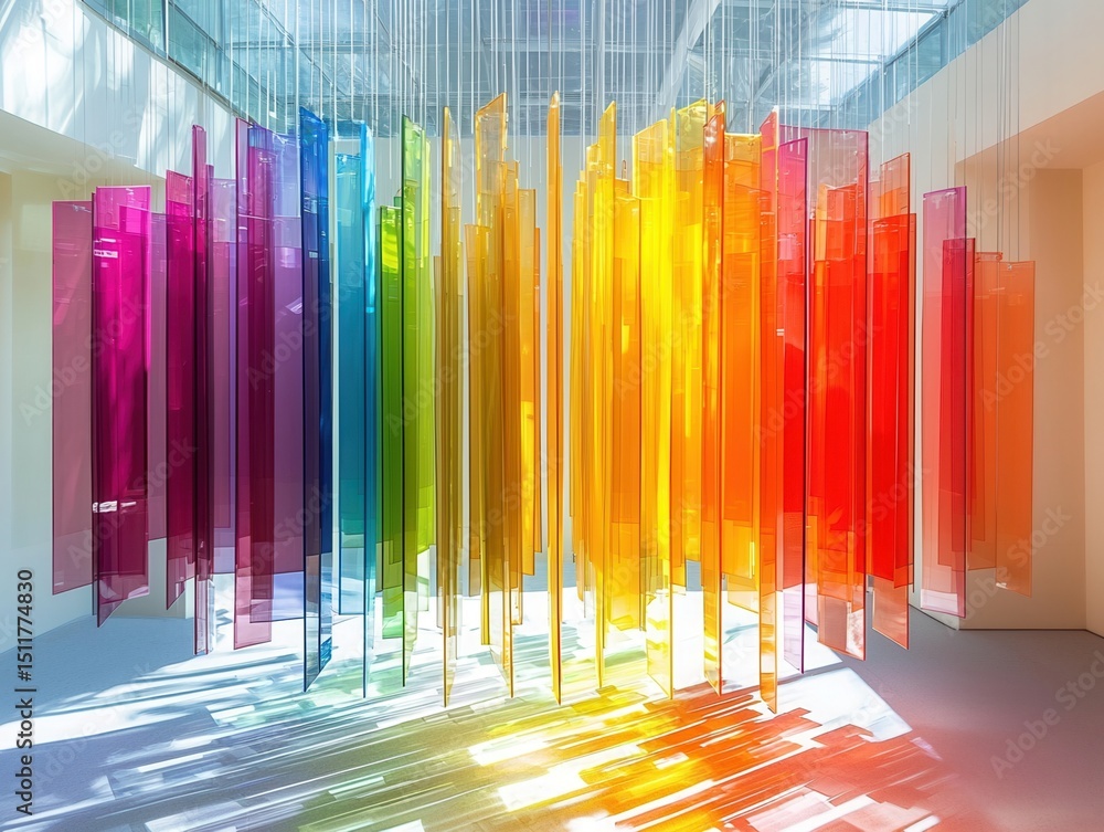 Poster pride month concept, colorful vertical panels creating an artistic display in a modern space.