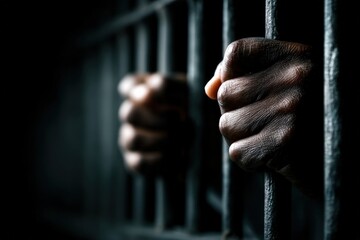 Obraz premium Hands tightly grip prison bars in a dark, somber setting, symbolizing confinement and loss of freedom.