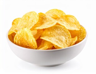 Snack bowl of savory potato chips party food isolated on white background 