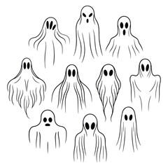 A vintage vector set features a black silhouette design of cartoon Halloween ghosts