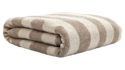 A large striped beige and white blanket with a smooth texture is folded on top of itself