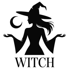 Black hat Halloween witch vector illustration with a pumpkin and cat silhouette