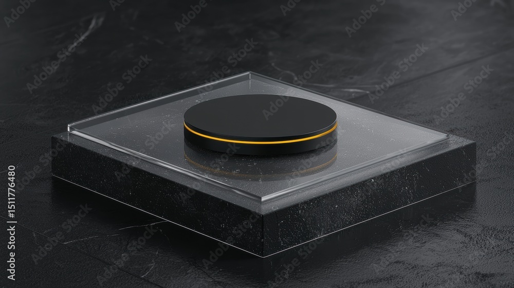 Poster a black circular object with a yellow line around it sits on a black square base.
