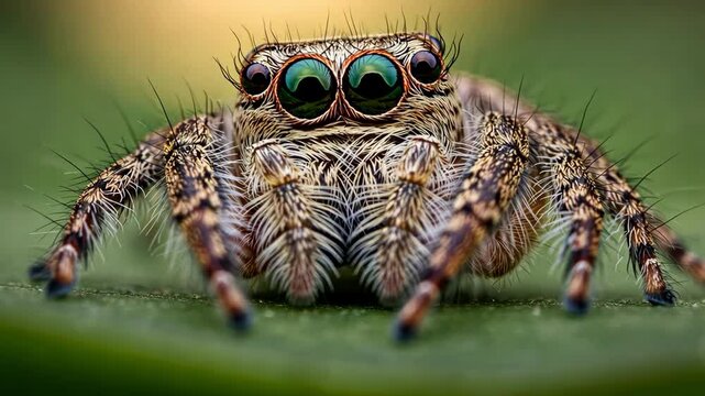 Macro photo of a jumping spider showing its eyes and hairy legs.