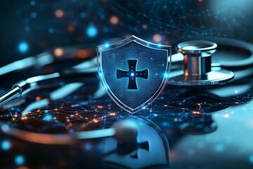 Digital Shield Protecting Stethoscope, Symbolizing Healthcare Data Security in a Digital World