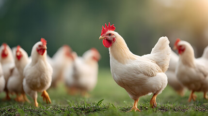 Fototapeta premium a group of white chickens gathering outside, with one chicken standing out in focus in the foreground