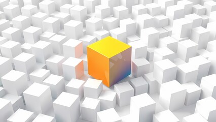 A colorful golden cube in the gathering of white cubes