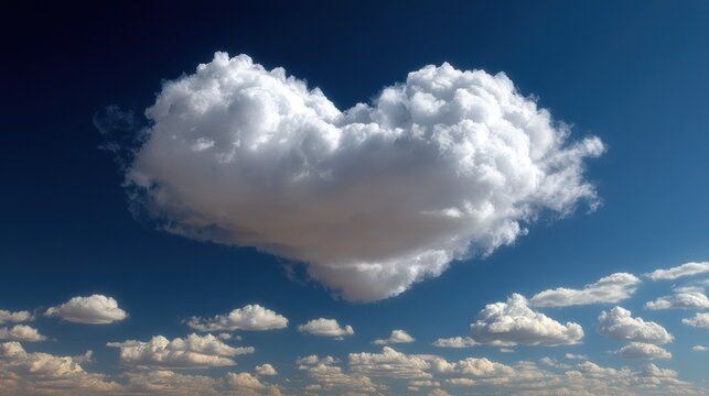 A heart shaped cloud floats in a blue sky with other smaller clouds.