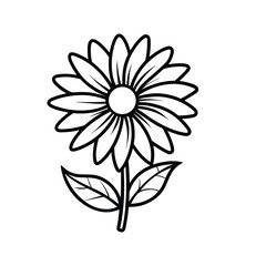 Simple Black and White Flower Illustration with Stem and Leaves for Coloring or Design