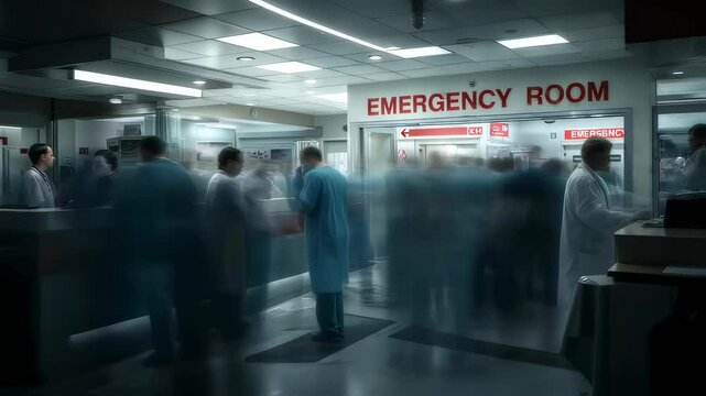 Busy emergency room scene with medical staff and patients in critical care environment
