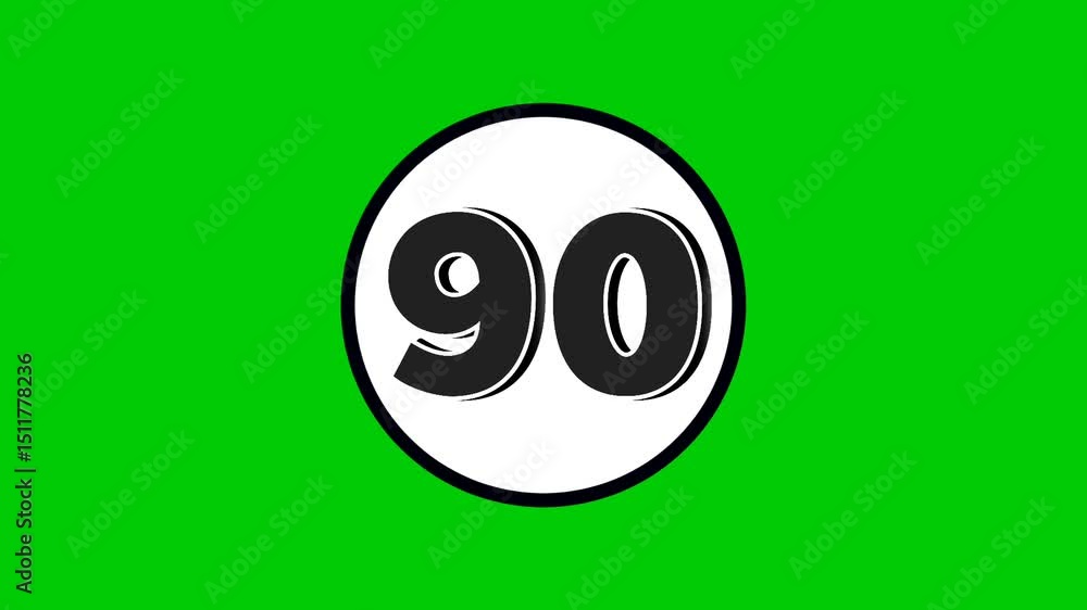 Poster number 90 symbol sign animation motion graphics cartoon black color on green screen background.numbe