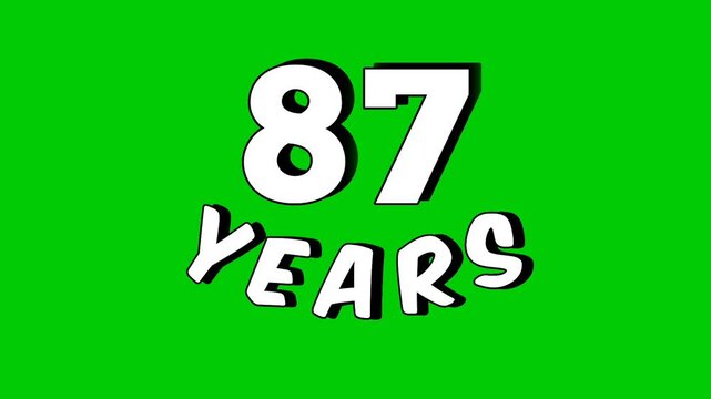 Animated footage of the number "87 years" with a green screen background. The number is presented in a modern and dynamic style, perfect for editing birthday videos, anniversaries video element