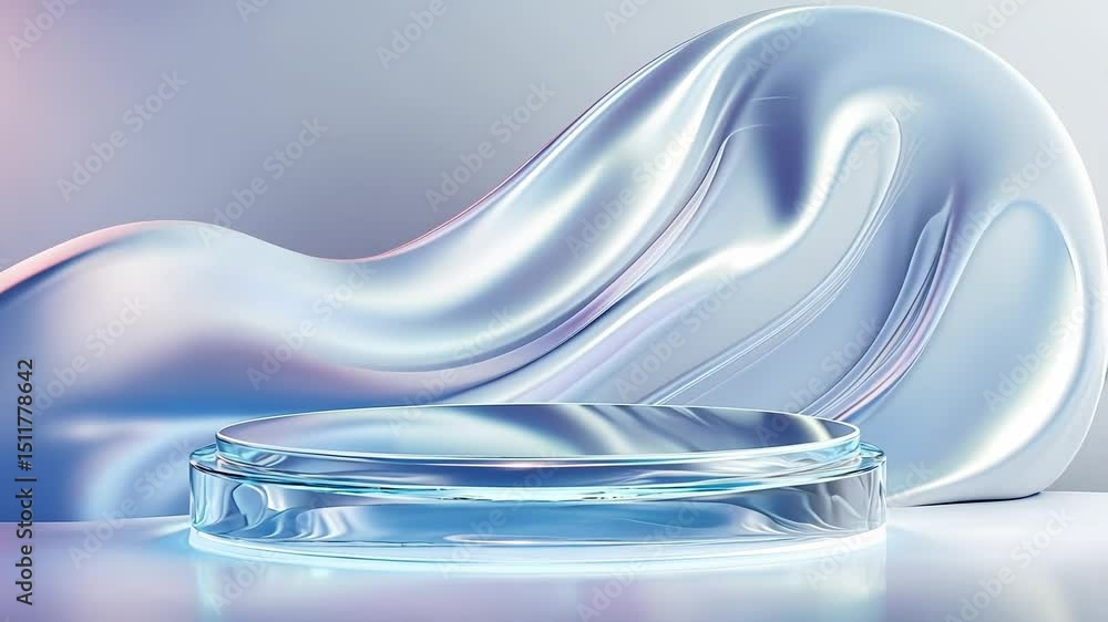 Poster sleek abstract glass platform with wavy fabric backdrop in soft colors.