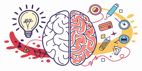 Left and Right Human Brain Concept – Creative and Logical Mind with Social and Business Doodles

