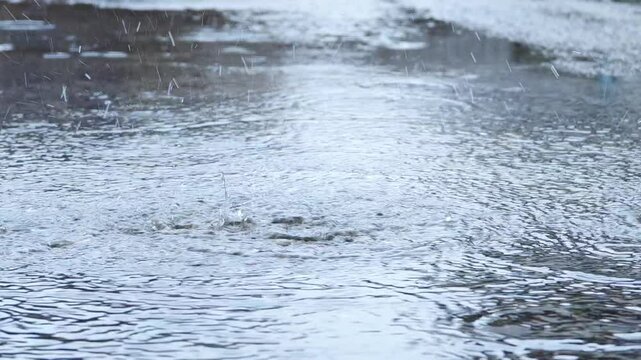 Raindrops falling into puddles on concrete surface in rainy season.