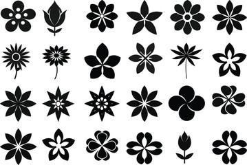 A collection of silhouette vector flower icon isolated on transparent background.