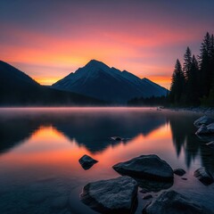 Serene sunrise with majestic mountains and crystal lake. AI-generated.