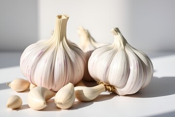 Obraz premium Fresh garlic bulbs and cloves on white background