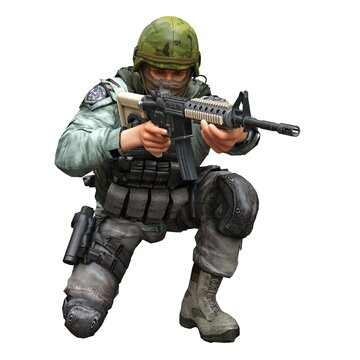 Soldier with a machine gun isolated white background 3d illustration