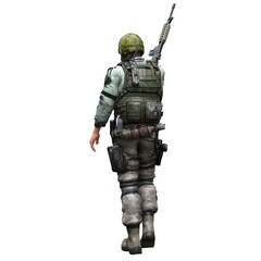 Soldier with a machine gun isolated white background 3d illustration