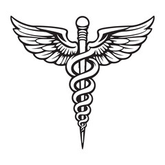 Gold 3D caduceus medical symbol with snakes and wings on a white background,