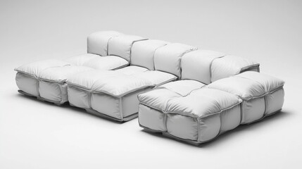 Fototapeta premium Clean white leather modular sofa with square cushions and simple design on white