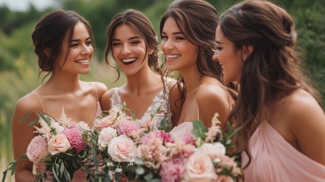 Bride with bridesmaids in dresses holding flowers