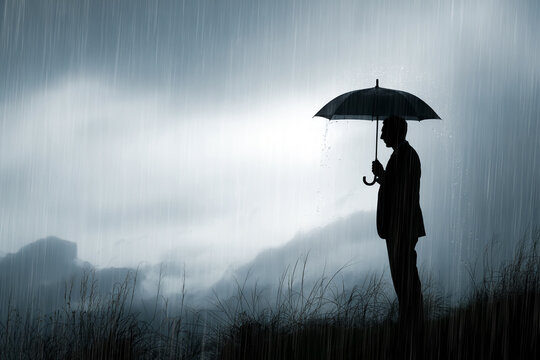 Silhouette of Pensive Man with Umbrella in Rainstorm Under Overcast Sky Scenery - Powered by Adobe