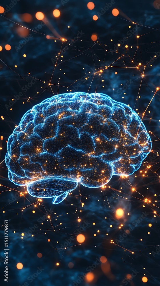 Aufkleber a glowing blue wireframe brain surrounded by shimmering nodes with connecting lines creates a futuri